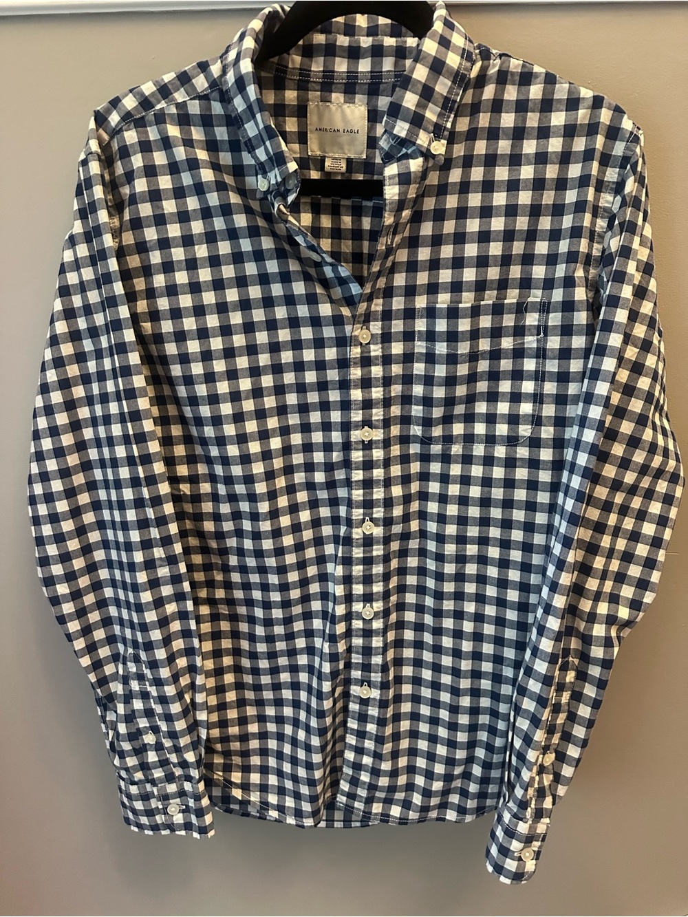 American Eagle Outfitters Blue and White Gingham Button-Down Shirt - Men's